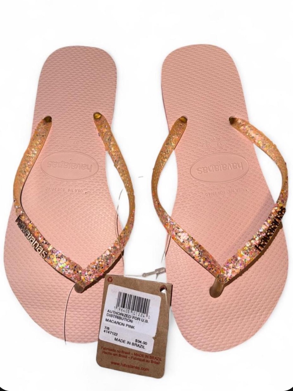 Havaianas Slim Glitter Flip Flops in Macaron Pink with Glitter Straps NWT Sz 7/8
